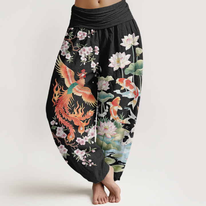 Buddha Stones Spodnie damskie haremowe z bawełny Phoenix Koi Lotus Pattern z elastyczną talią - Czarny - US16, UK/AU20, EU48 (3XL) - image 0