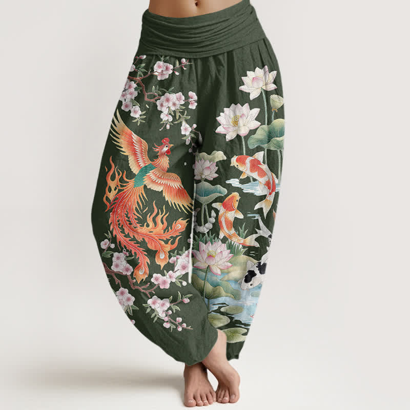 Buddha Stones Spodnie damskie haremowe z bawełny Phoenix Koi Lotus Pattern z elastyczną talią - DarkOliveGreen - US16, UK/AU20, EU48 (3XL) - image 5