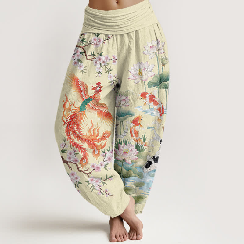 Buddha Stones Spodnie damskie haremowe z bawełny Phoenix Koi Lotus Pattern z elastyczną talią - Jasnozłoty - US16, UK/AU20, EU48 (3XL) - image 8