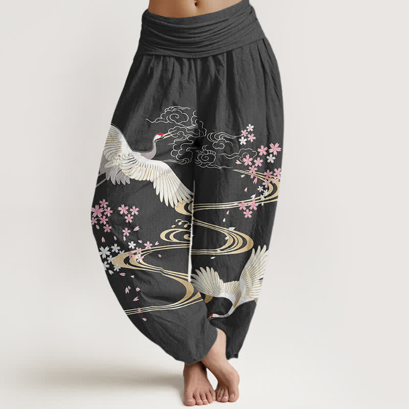Buddha Stones Spodnie damskie typu harem z bawełny z nadrukiem żurawia i sakury - DimGray - US16, UK/AU20, EU48 (3XL) - image 0