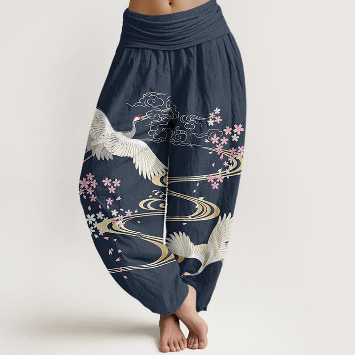 Buddha Stones Spodnie damskie typu harem z bawełny z nadrukiem żurawia i sakury - Marynarka wojenna - US16, UK/AU20, EU48 (3XL) - image 8