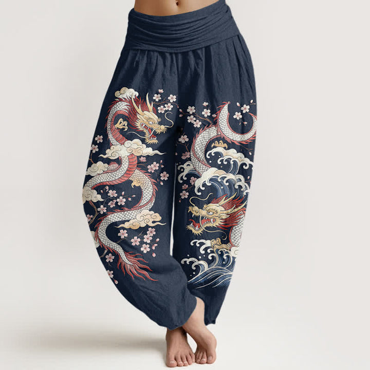 Buddha Stones Spodnie damskie haremowe z bawełny z motywem fal smoka i kwiatów - Marynarka wojenna - US16, UK/AU20, EU48 (3XL) - image 0