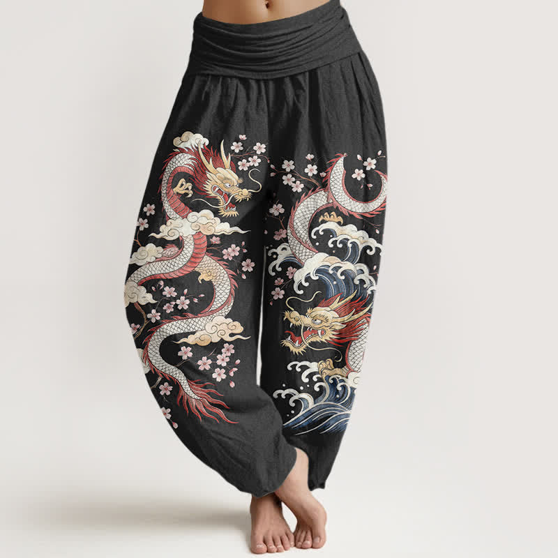 Buddha Stones Spodnie damskie haremowe z bawełny z motywem fal smoka i kwiatów - Czarny - US16, UK/AU20, EU48 (3XL) - image 8