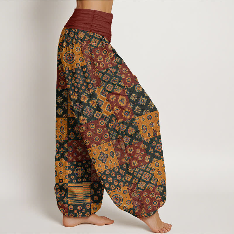Buddha Stones Bawełniane spodnie damskie typu harem z elastycznym pasem i wzorem paisley w stylu boho - image 1