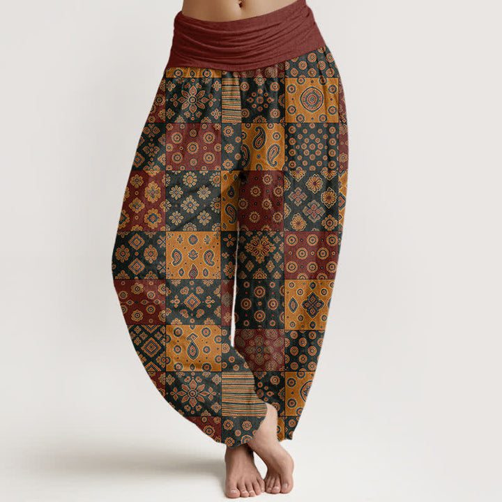 Buddha Stones Bawełniane spodnie damskie typu harem z elastycznym pasem i wzorem paisley w stylu boho - Brązowy - US16, UK/AU20, EU48 (3XL) - image 0