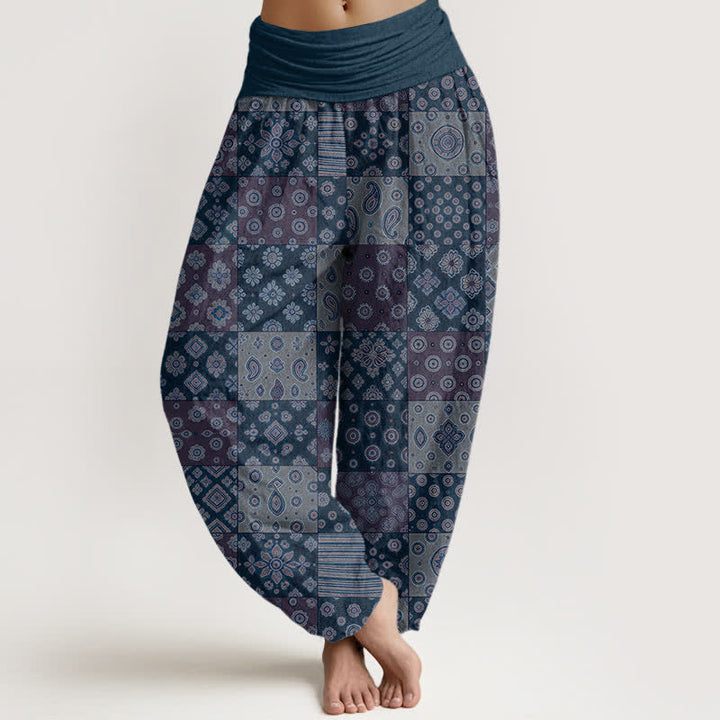 Buddha Stones Bawełniane spodnie damskie typu harem z elastycznym pasem i wzorem paisley w stylu boho - Stalowoniebieski - US16, UK/AU20, EU48 (3XL) - image 5