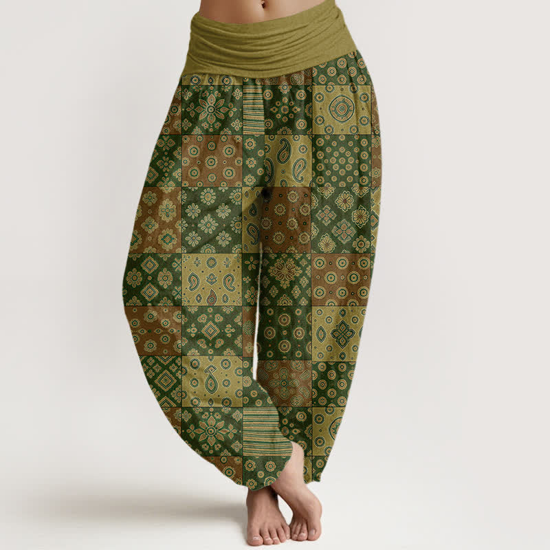 Buddha Stones Bawełniane spodnie damskie typu harem z elastycznym pasem i wzorem paisley w stylu boho - Oliwka - US16, UK/AU20, EU48 (3XL) - image 8