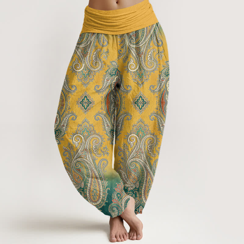 Buddha Stones Spodnie damskie harem z elastycznej talii w stylu vintage z wzorem paisley - Złoto - US16, UK/AU20, EU48 (3XL) - image 0