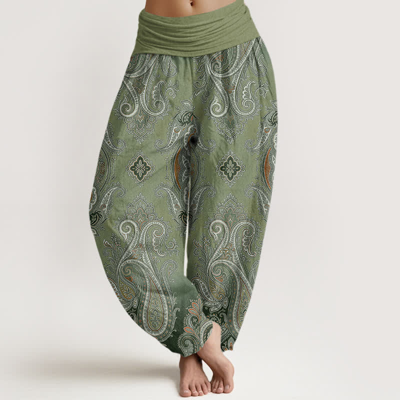 Buddha Stones Spodnie damskie harem z elastycznej talii w stylu vintage z wzorem paisley - Oliwkowy - US16, UK/AU20, EU48 (3XL) - image 5