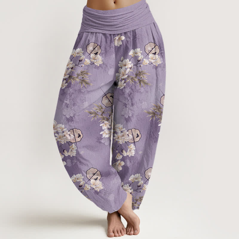 Buddha Stones Spodnie damskie typu harem z elastyczną talią i wzorem w białe kwiaty i liście - Średniofioletowy - US16, UK/AU20, EU48 (3XL) - image 5