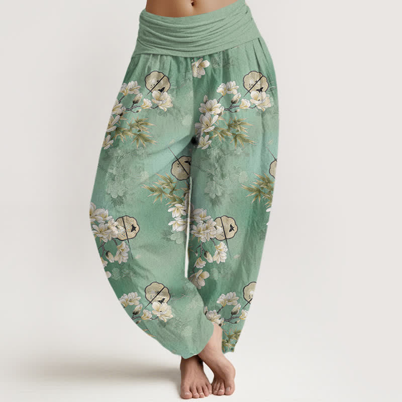 Buddha Stones Spodnie damskie typu harem z elastyczną talią i wzorem w białe kwiaty i liście - Akwamaryn - US16, UK/AU20, EU48 (3XL) - image 8