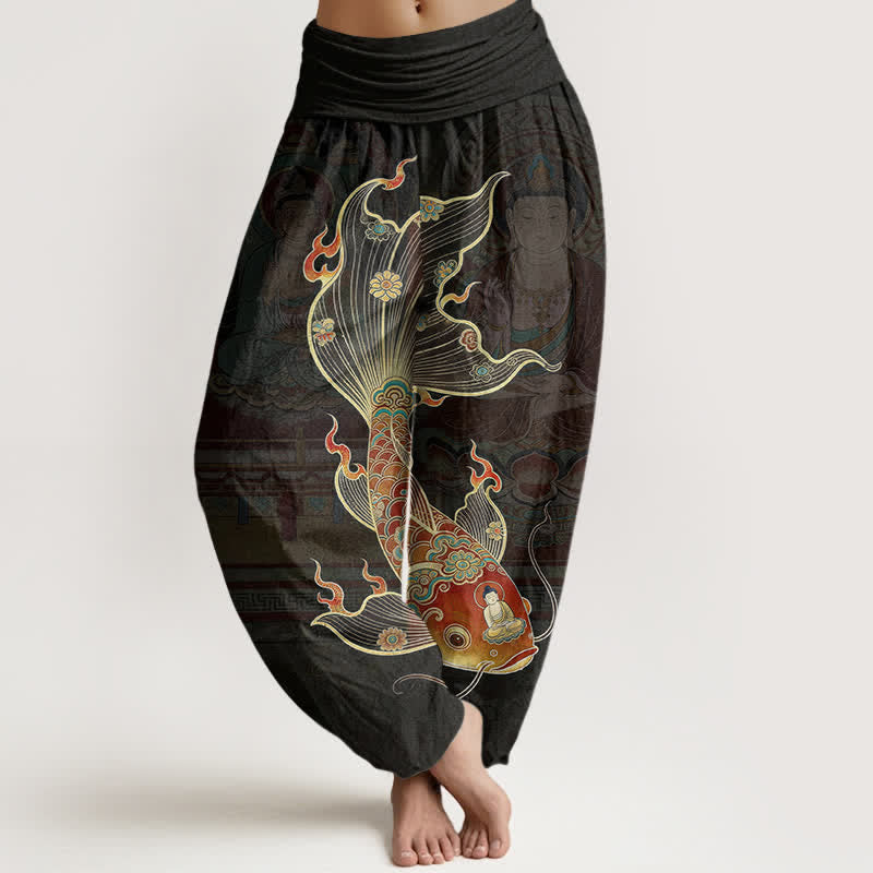 Buddha Stones Spodnie damskie haremowe z bawełny z motywem ryby koi guanyin i elastyczną talią - Czarny - US16, UK/AU20, EU48 (3XL) - image 0