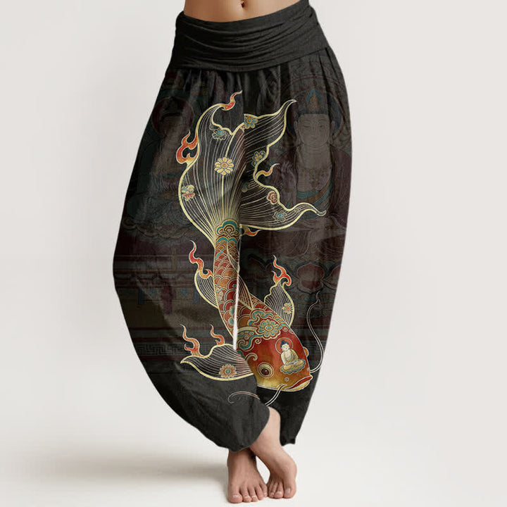 Buddha Stones Spodnie damskie haremowe z bawełny z motywem ryby koi guanyin i elastyczną talią - Czarny - US16, UK/AU20, EU48 (3XL) - image 0