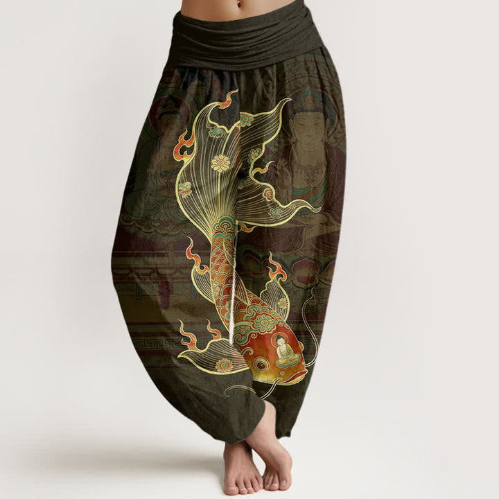 Buddha Stones Spodnie damskie haremowe z bawełny z motywem ryby koi guanyin i elastyczną talią - Oliwka - US16, UK/AU20, EU48 (3XL) - image 5