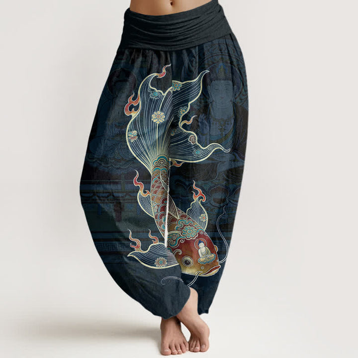 Buddha Stones Spodnie damskie haremowe z bawełny z motywem ryby koi guanyin i elastyczną talią - Marynarka wojenna - US16, UK/AU20, EU48 (3XL) - image 8