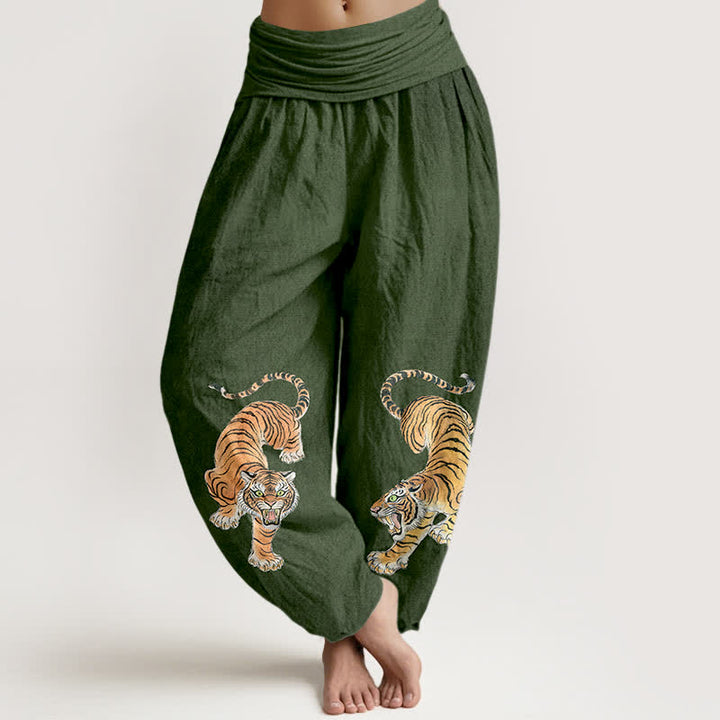 Buddha Stones Spodnie haremowe damskie z bawełny z wzorem Majestic Tiger i elastyczną talią - ForestGreen - US16, UK/AU20, EU48 (3XL) - image 0
