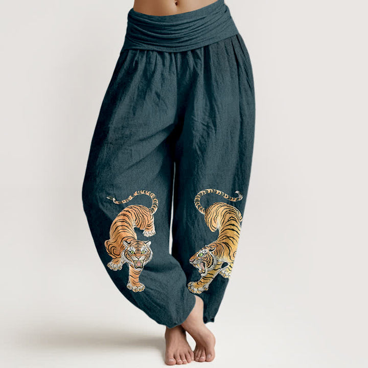 Buddha Stones Spodnie haremowe damskie z bawełny z wzorem Majestic Tiger i elastyczną talią - Stalowoniebieski - US16, UK/AU20, EU48 (3XL) - image 5
