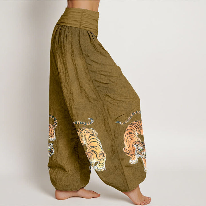 Buddha Stones Spodnie haremowe damskie z bawełny z wzorem Majestic Tiger i elastyczną talią - image 9