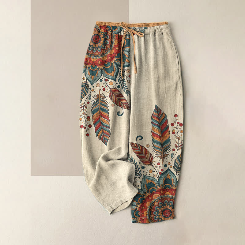 Buddha Stones Eleganckie damskie spodnie z elastycznej talii z kieszeniami, z czystej bawełny, w kwiatowy wzór w stylu boho - Czerwony - US16, UK/AU20, EU48 (3XL) - image 0