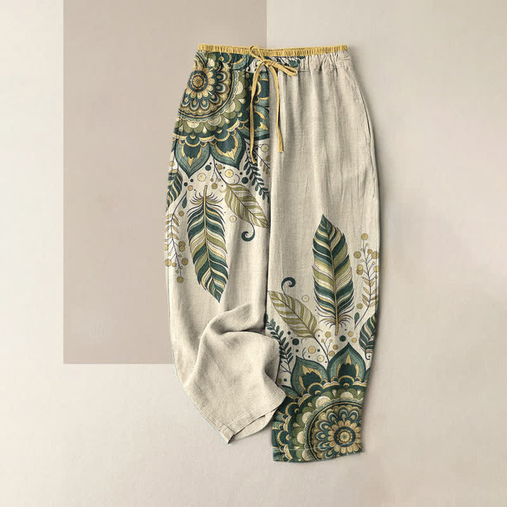 Buddha Stones Eleganckie damskie spodnie z elastycznej talii z kieszeniami, z czystej bawełny, w kwiatowy wzór w stylu boho - Zielony - US16, UK/AU20, EU48 (3XL) - image 3