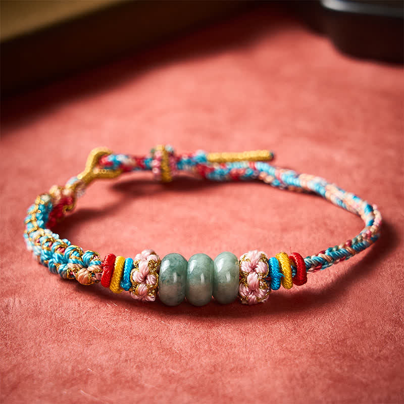 Buddha Stones Ręcznie tkana wielokolorowa bransoletka z jadeitu szczęścia w kształcie kwiatu brzoskwini - image 1