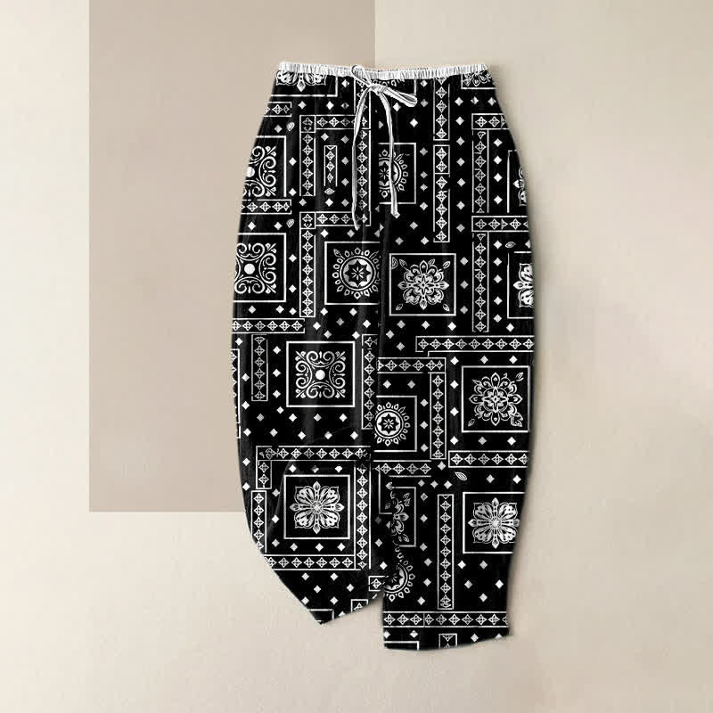 Buddha Stones Spodnie damskie z elastycznej talii z kieszeniami, z czystej bawełny, w stylu vintage, z bandaną i wzorem patchworkowym - Czarny - US16, UK/AU20, EU48 (3XL) - image 0