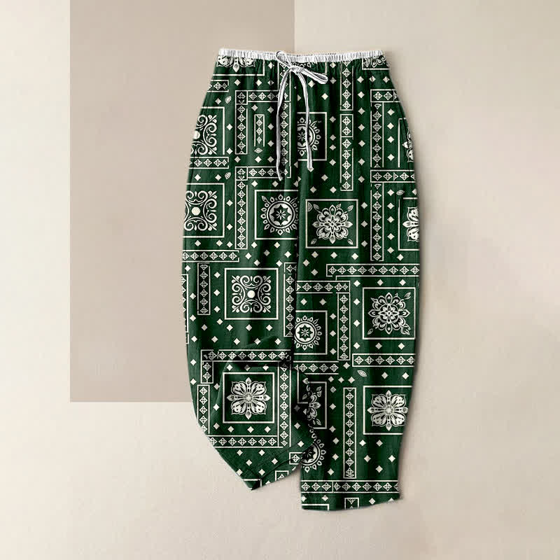 Buddha Stones Spodnie damskie z elastycznej talii z kieszeniami, z czystej bawełny, w stylu vintage, z bandaną i wzorem patchworkowym - ForestGreen - US16, UK/AU20, EU48 (3XL) - image 5