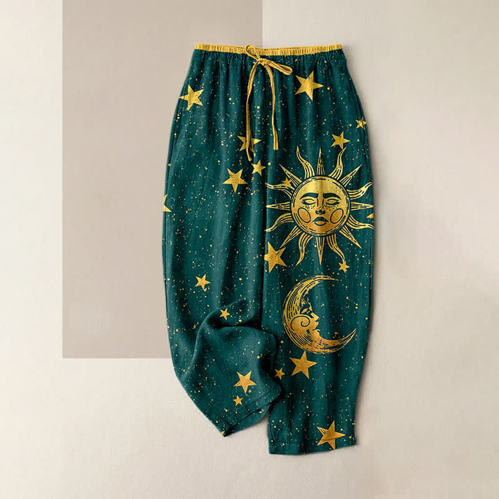 Buddha Stones Spodnie damskie z elastycznej talii z kieszeniami, z czystej bawełny, z motywem Mystic Moon Sun - Cyraneczka - US16, UK/AU20, EU48 (3XL) - image 4