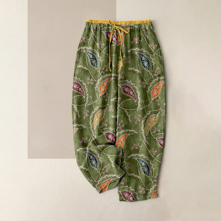 Buddha Stones Spodnie damskie z elastycznej talii z kieszeniami, z czystej bawełny, z etnicznym kwiatowym wzorem paisley - Oliwkowy - US16, UK/AU20, EU48 (3XL) - image 0