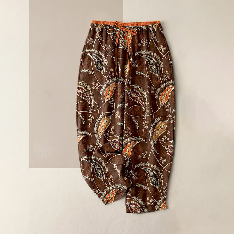 Buddha Stones Spodnie damskie z elastycznej talii z kieszeniami, z czystej bawełny, z etnicznym kwiatowym wzorem paisley - SaddleBrown - US16, UK/AU20, EU48 (3XL) - image 5