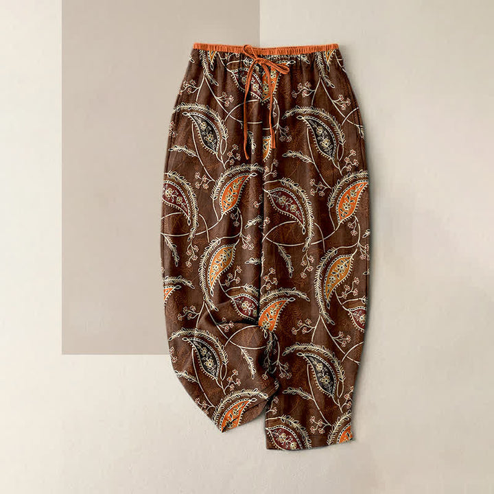 Buddha Stones Spodnie damskie z elastycznej talii z kieszeniami, z czystej bawełny, z etnicznym kwiatowym wzorem paisley - SaddleBrown - US16, UK/AU20, EU48 (3XL) - image 5
