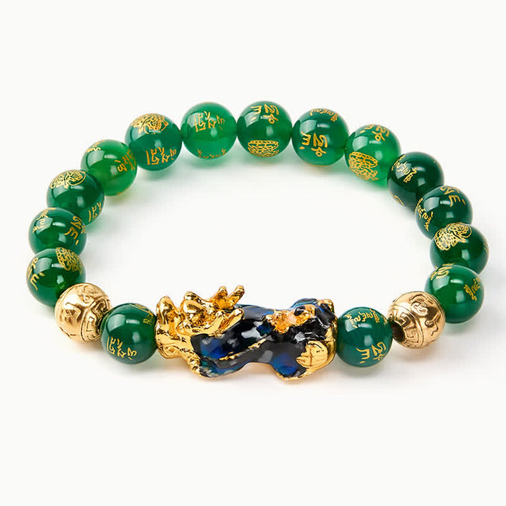 Buddha Stones Bransoletka sukcesu PiXiu z naturalnego zielonego agatu Om Mani Padme Hum zmieniająca kolor - image 1
