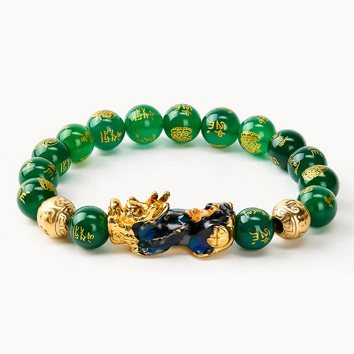 Buddha Stones Bransoletka sukcesu PiXiu z naturalnego zielonego agatu Om Mani Padme Hum zmieniająca kolor - Agat Zielony (Równowaga ♥Wzrost) - image 0