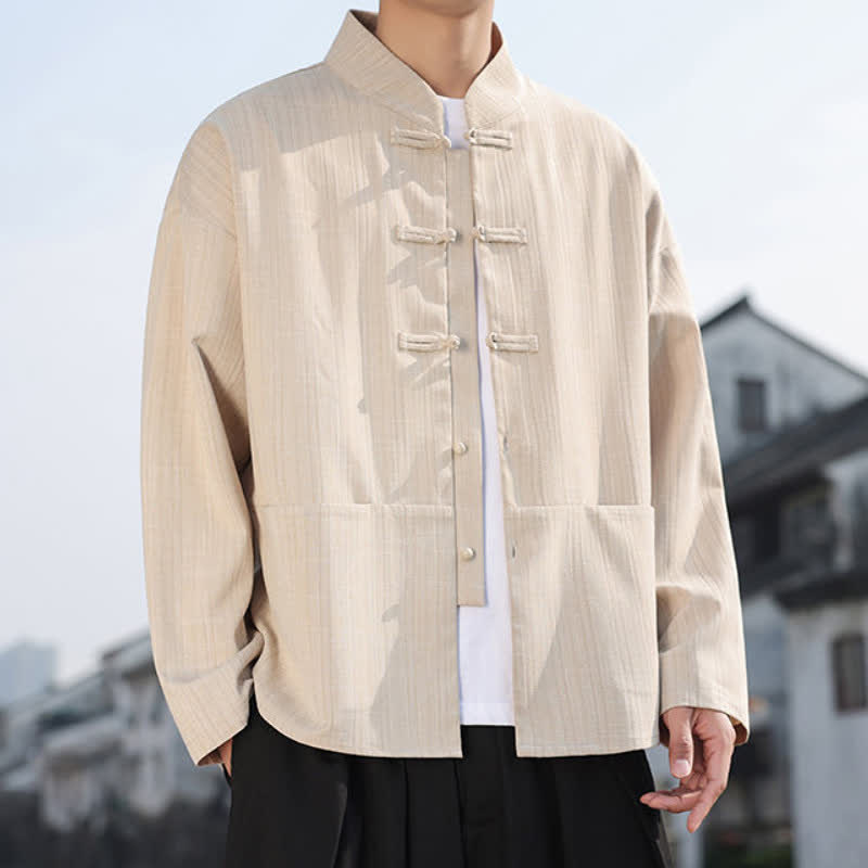 Buddha Stones Kurtka męska w stylu casual Frog Guzik z kieszeniami na jesień i zimę w stylu Tang - AntiqueWhite - US/UK/AU46， EU56 (5XL) - image 12