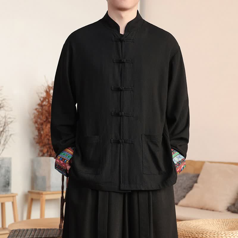 Buddha Stones Koszule męskie z długim rękawem i kieszenią, w stylu jesiennym, z guzikami żabki, z bawełny i lnu - Czarny - US/UK/AU46， EU56 (5XL) - image 0