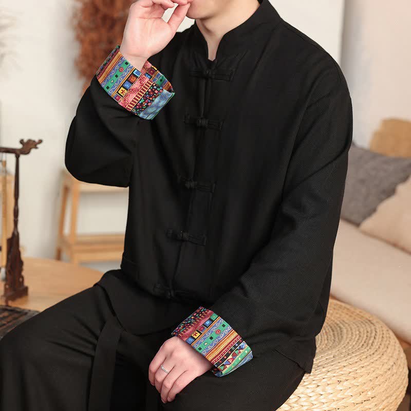 Buddha Stones Koszule męskie z długim rękawem i kieszenią, w stylu jesiennym, z guzikami żabki, z bawełny i lnu - image 3