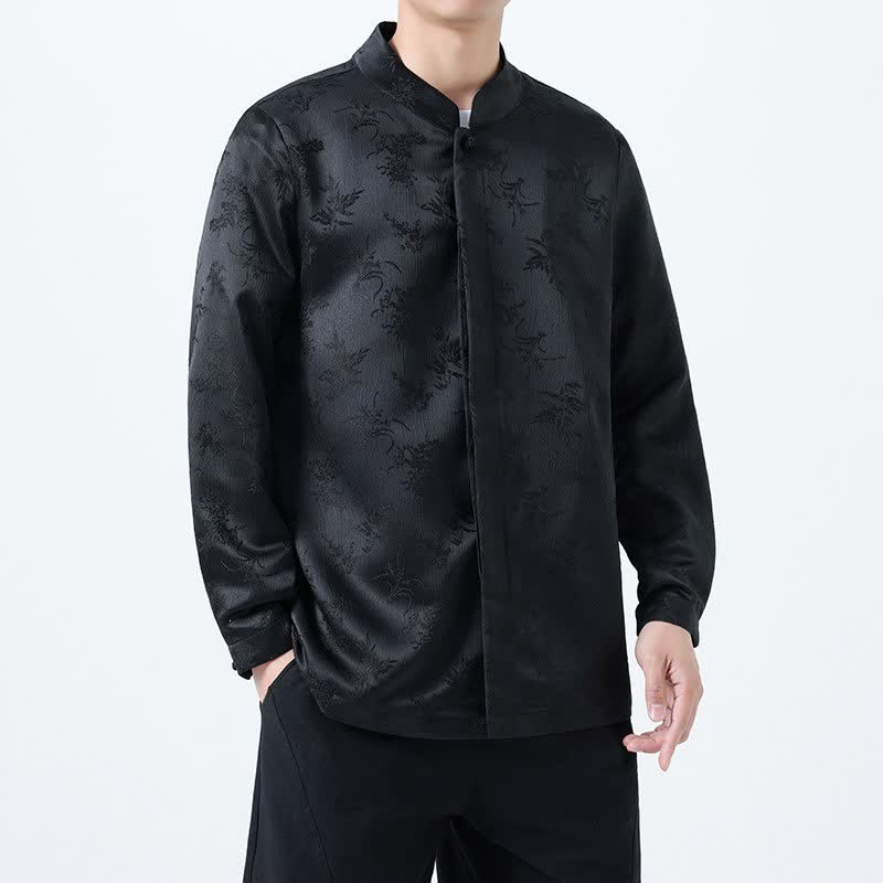 Buddha Stones Koszule męskie z długim rękawem w stylu vintage Tang z kołnierzykiem stójkowym i kwiatowym wzorem - Czarny - US/UK/AU46， EU56 (5XL) - image 0