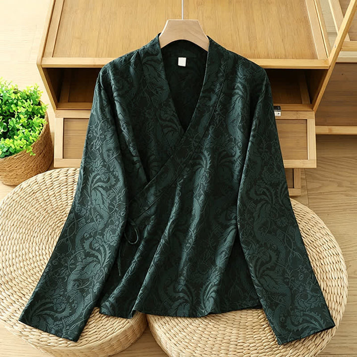 Buddha Stones Jesienne kimono damskie w stylu vintage ze ściągaczem i kwiatowym wzorem - Ciemnozielony - US6, UK/AU10, EU38 (XL) - image 0