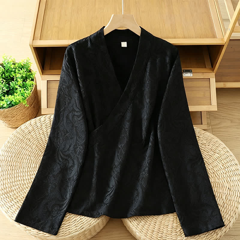 Buddha Stones Jesienne kimono damskie w stylu vintage ze ściągaczem i kwiatowym wzorem - Czarny - US6, UK/AU10, EU38 (XL) - image 9