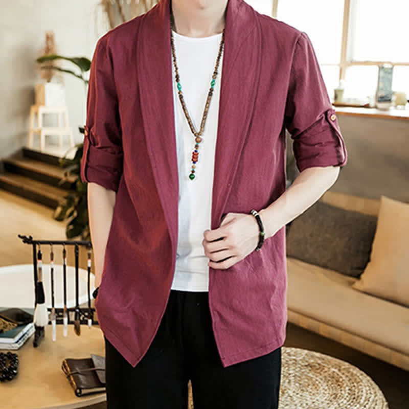 Buddha Stones Wiosna Jesień Swobodny Minimalistyczny Jednolity Męski Kimono - image 21