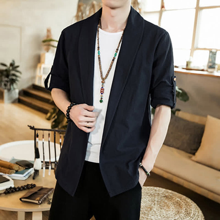 Buddha Stones Wiosna Jesień Swobodny Minimalistyczny Jednolity Męski Kimono - image 16