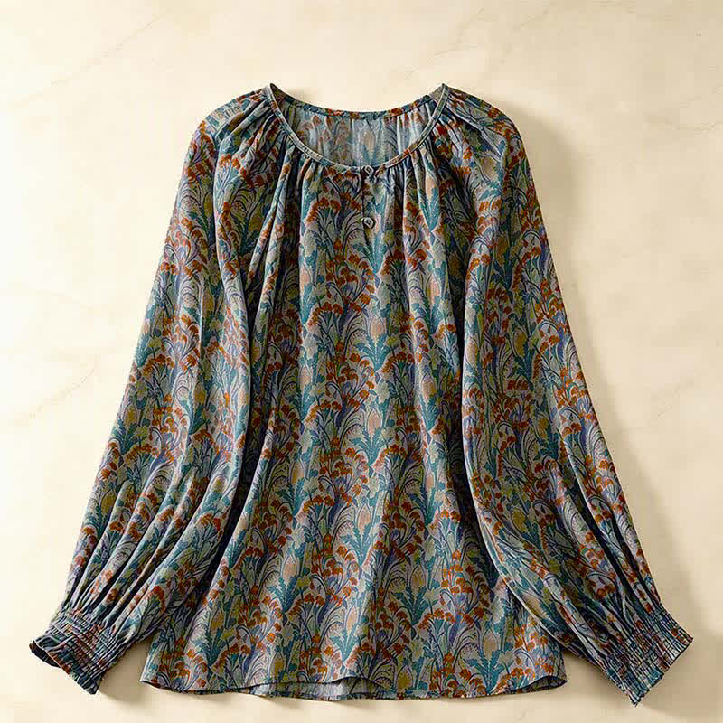 Buddha Stones Jesienne koszule damskie z długim rękawem w kwiaty w stylu vintage - Cyraneczka - US8-10, UK/AU12-14, EU40-42 (2XL) - image 0