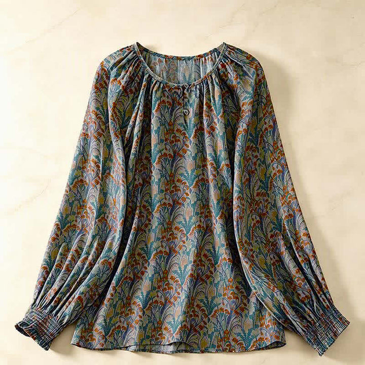 Buddha Stones Jesienne koszule damskie z długim rękawem w kwiaty w stylu vintage - Cyraneczka - US8-10, UK/AU12-14, EU40-42 (2XL) - image 0