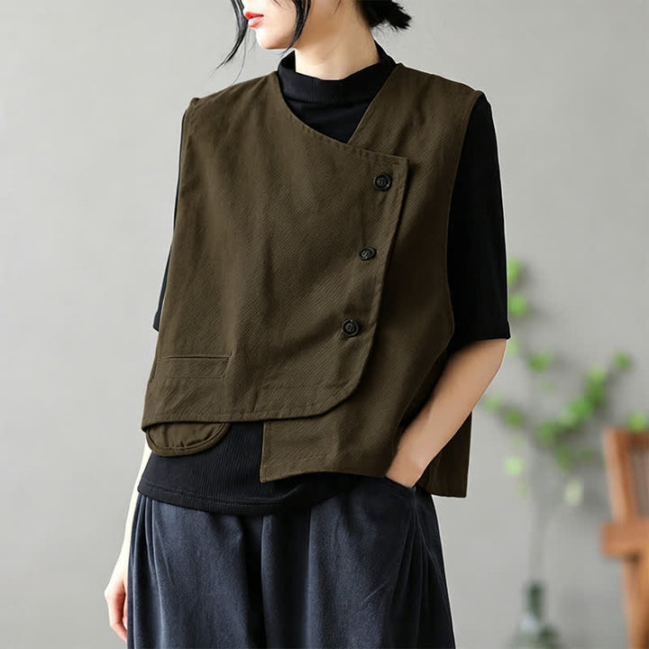 Buddha Stones Letni, minimalistyczny, zapinany na guziki, jednolity top damski bez rękawów z kieszenią - Ciemny Khaki - US14, UK/AU18, EU46 (2XL) - image 0