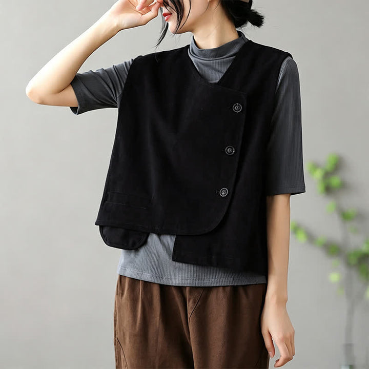 Buddha Stones Letni, minimalistyczny, zapinany na guziki, jednolity top damski bez rękawów z kieszenią - Czarny - US14, UK/AU18, EU46 (2XL) - image 10
