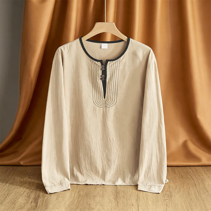 Buddha Stones Koszule męskie z długim rękawem, wiosenno-jesienne, zapinane na guziki, w stylu vintage - Pszenica - US/UK/AU42, EU52 (3XL) - image 0