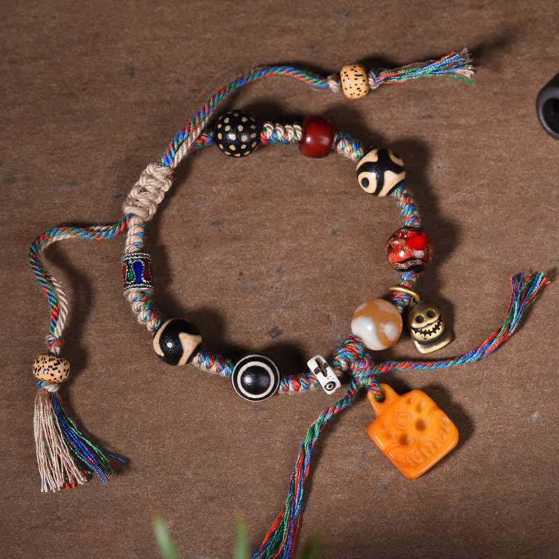 Buddha Stones Tybetańska bransoletka z koralików Dzi, pleciona z wielokolorowego sznurka z napisem „Błogosławieństwa” - Dzi Bead (Bogactwo ♥ Szczęście) - image 0