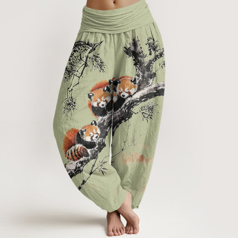 Buddha Stones Spodnie damskie typu harem z elastyczną talią i wzorem w kolorze czerwonym z nadrukiem bawełny i bambusa - PaleGreen - US16, UK/AU20, EU48 (3XL) - image 5