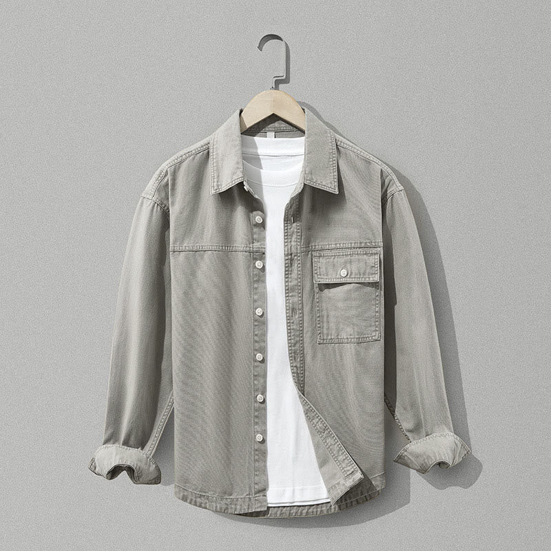 Buddha Stones Koszule męskie z długim rękawem i kieszenią, w stylu casual vintage, z solidnej bawełny, na jesień i zimę - Ciemny Khaki - US/UK/AU42, EU52 (3XL) - image 0