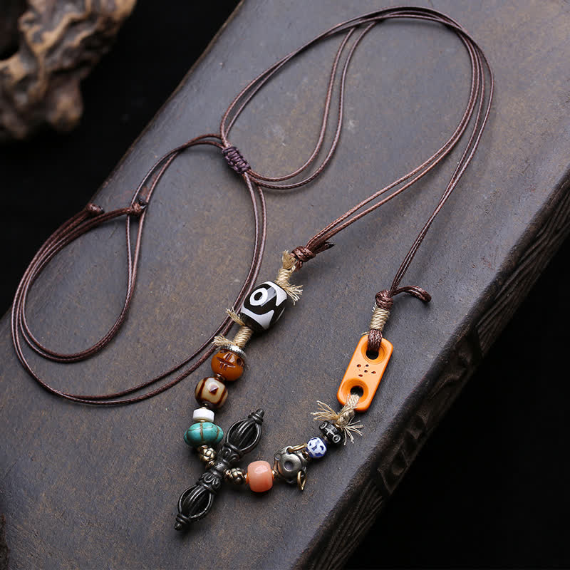 Buddha Stones Tybetański naszyjnik z trzema koralikami Dzi Vajra Luck - Ok. 46 × 10 mm - image 0